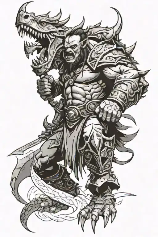 Create A Tattoo Design Featuring A Fierce Orc Warrior Battling A Dragon From Warcraft Lore