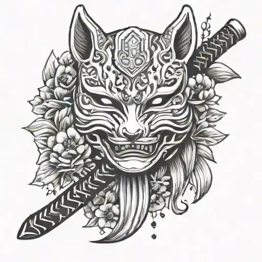 Kitsune Sakura Mask With Bells And Katana