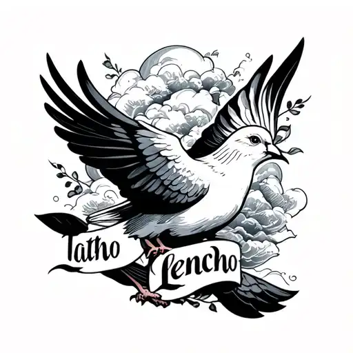 A Dove With The Word Lencho In Script Font And Cloud Shading