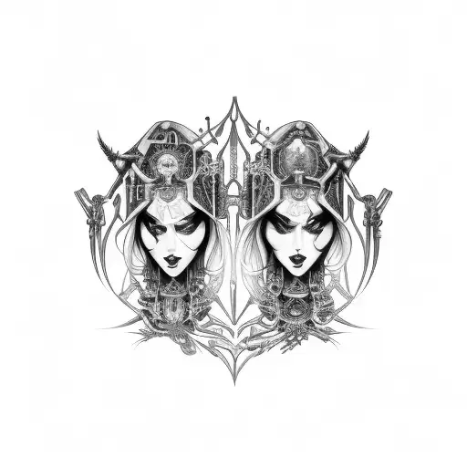 Gothic Gemini Cyborg Twin Sisters Wide Collier Neckpiece Tattoo Waivy Hair