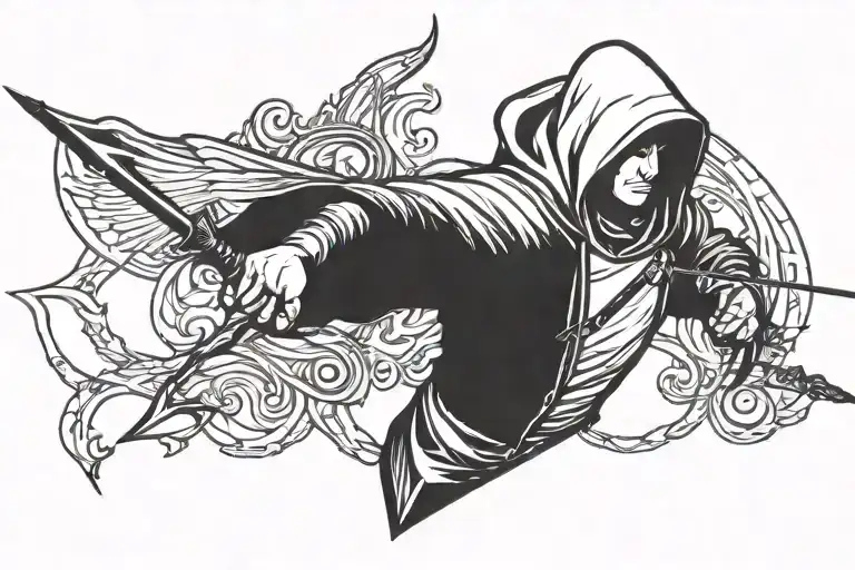 Archer In A Hooded Face In Flight With A Superimposed Arrow