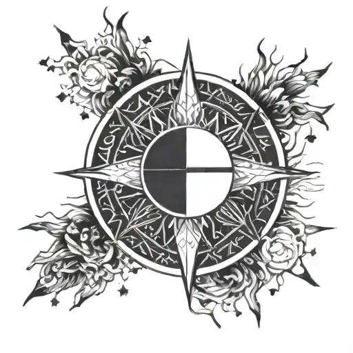 Line Work With Sun In The Middle Stars And Cross