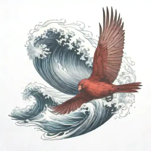 Flying Cardinal And The Ocean Wave Crashing
