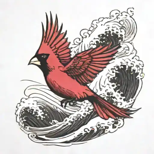 Flying Cardinal And The Ocean Wave Crashing