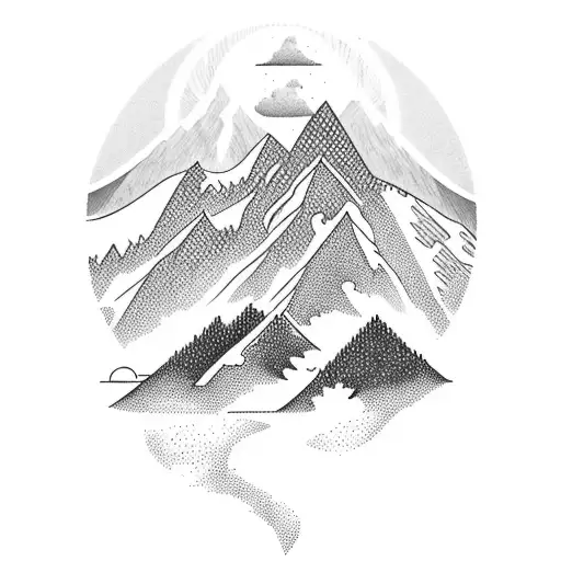 A Majestic Mountain Range With Trees And A Flowing River