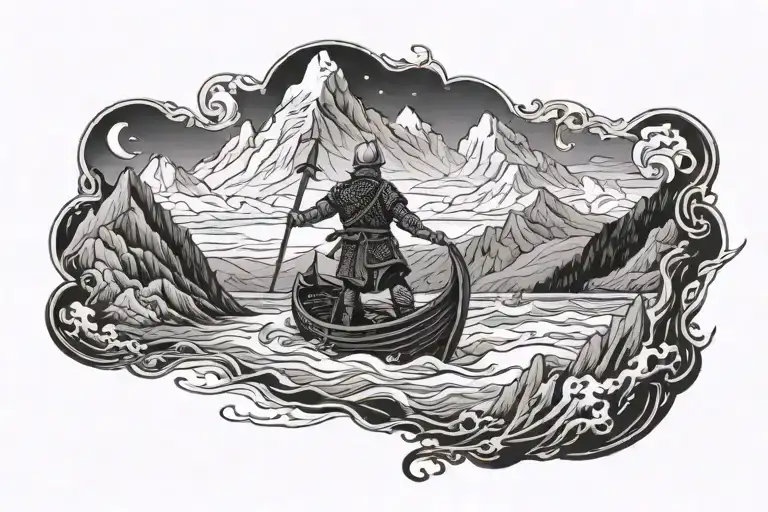 A Viking Warrior Sailing On A Ship With A Backdrop Of Majestic Mountains