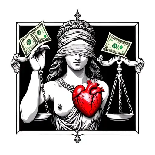 Lady Justice Blindfolded With Money In Her Hand Anda Human Heart On The Scale