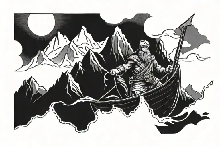A Viking Warrior Sailing On A Ship With A Backdrop Of Majestic Mountains