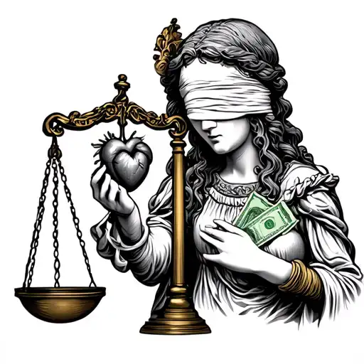 Lady Justice Blindfolded With Money In Her Hand Anda Human Heart On The Scale
