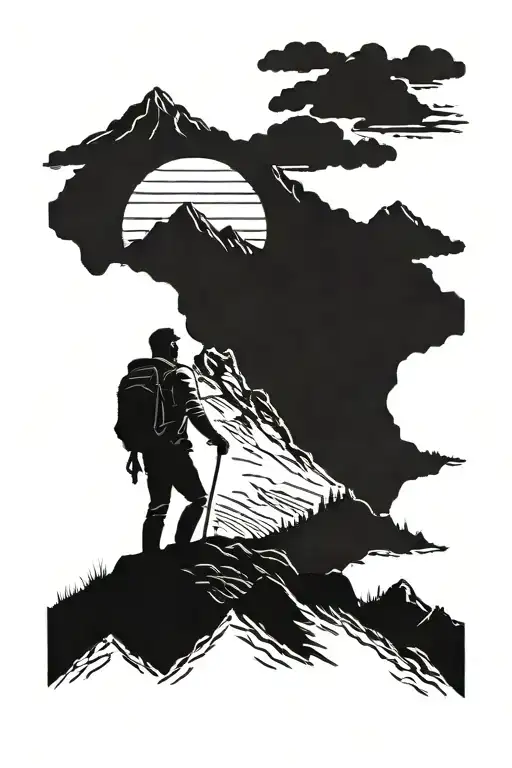 Man Walking Up Mountain Range With Sun Setting