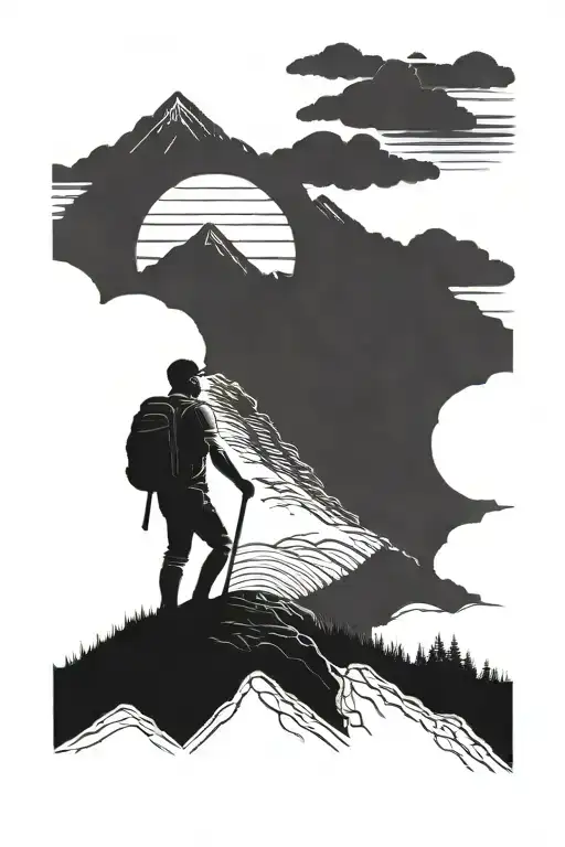 Man Walking Up Mountain Range With Sun Setting