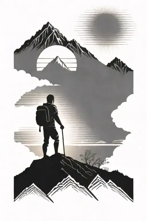 Man Walking Up Mountain Range With Sun Setting