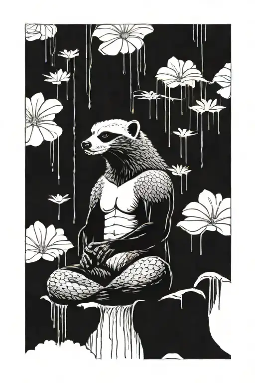 The Honey Badger Sits In The Lotus Position And Meditates Under The Large Waterfall Above Him