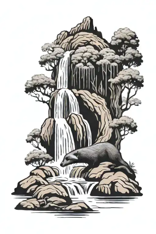 A Waterfall Under Which A Honey Badger Meditates