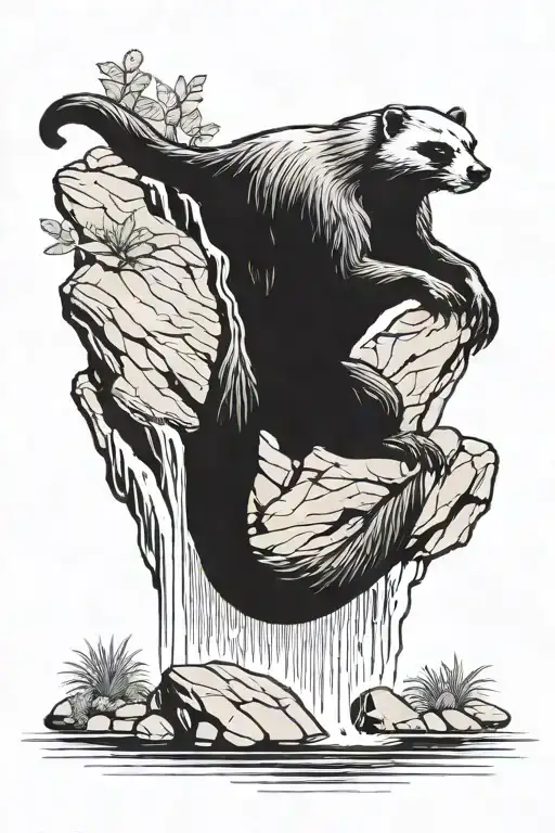 A Waterfall Under Which A Honey Badger Sits On A Stone Meditating