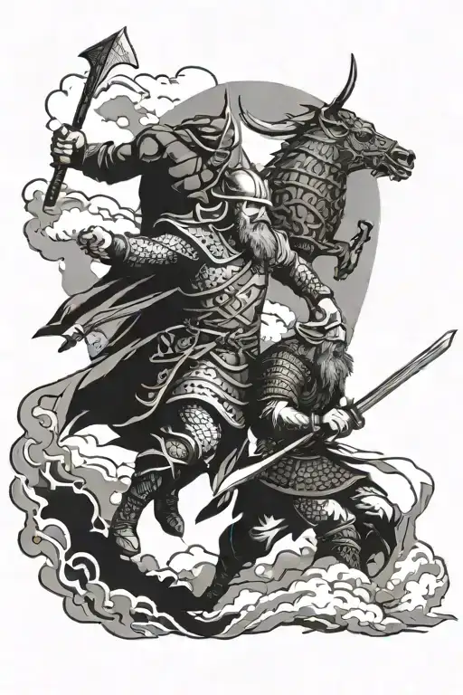 Viking Fights Against Samurai Against The Backdrop Of Bloody Clouds