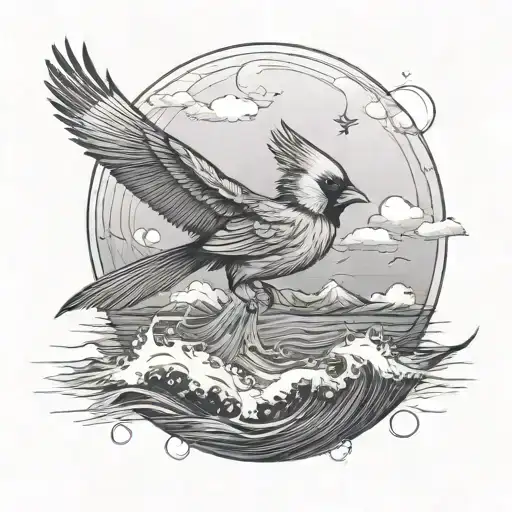 Flying Cardinal And Ocean