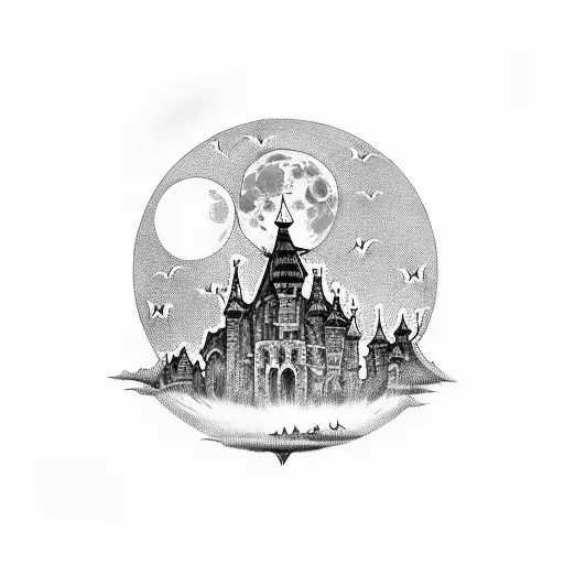 Dracula Castle Over The Full Moon With Bats