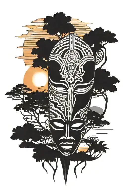 West African Mask Admiring A Sunset