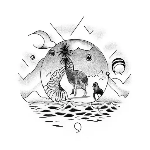 A Dotwork Tattoo Of A Beach Sunset With Animals Playing Musical Instruments And Singing Along