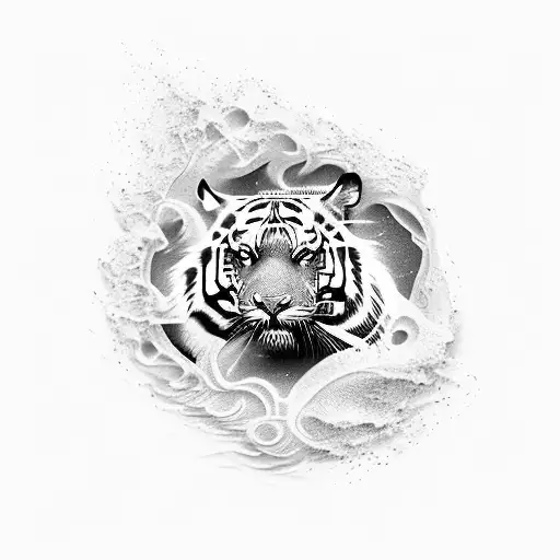 Create A Tattoo Featuring A Tiger Emerging From A Vibrant And Abstract Beach Scene