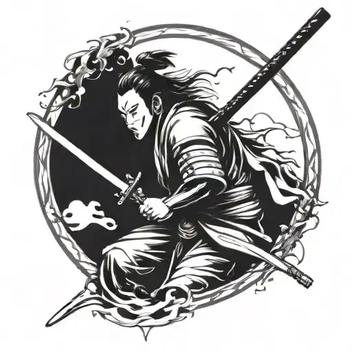 Samurai With Katana Black White Tattoo Sketch Simple