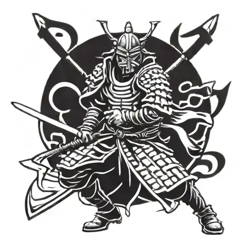Samurai With Katana Black White Tattoo Sketch Simple