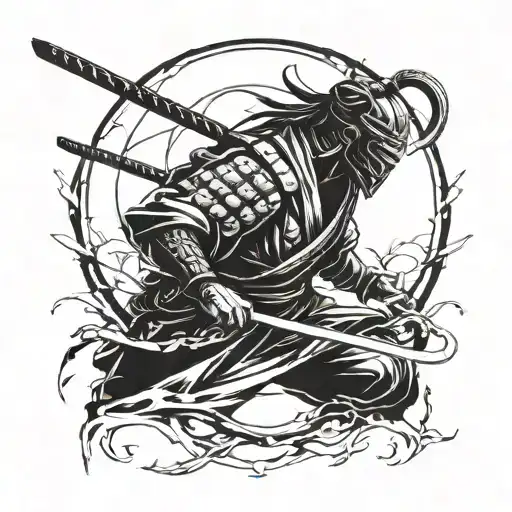 Samurai With Katana Black White Tattoo Sketch Simple In Profile