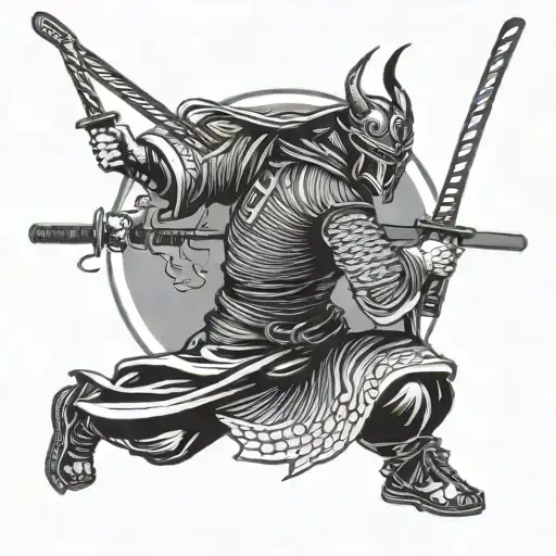Japanese Warrior With Katana Black White Tattoo Sketch Simple In Profile