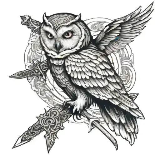 White Owl On The Background Of A Sword