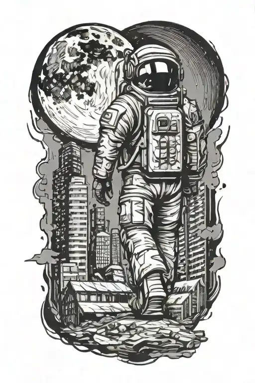 Astronaut Walking Through Abandoned City Crumbling Skyscrapers Under Cosmic Sky Crumbling Moon