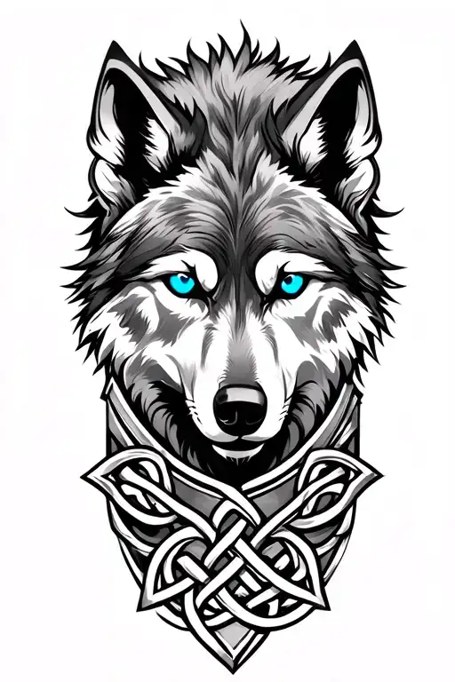 Wolf With Blue Eyes On Armor Tattoo Design Featuring Celtic Trinity Knot