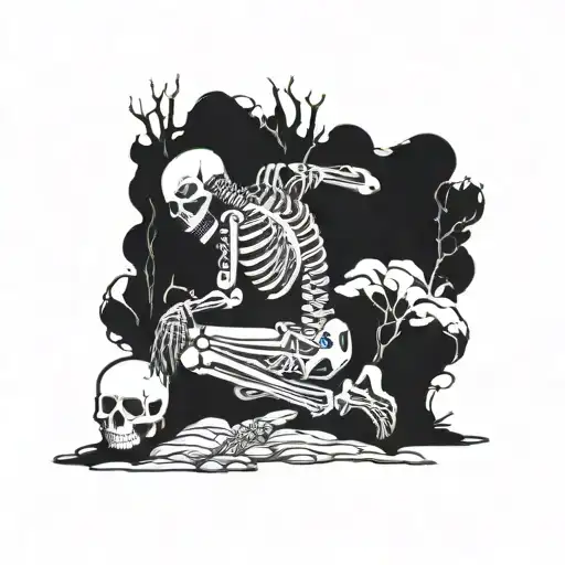 Skeleton Kneeling By Grave Smoking