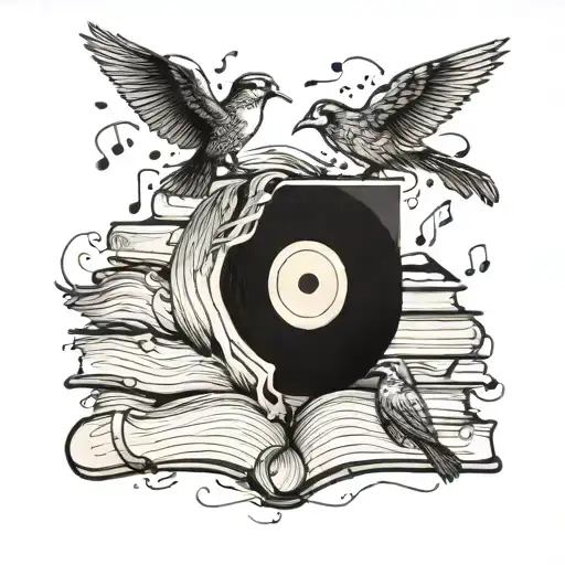 A Stack Of Books With Birds Sitting On Top And Music Notes Swirling Around Them