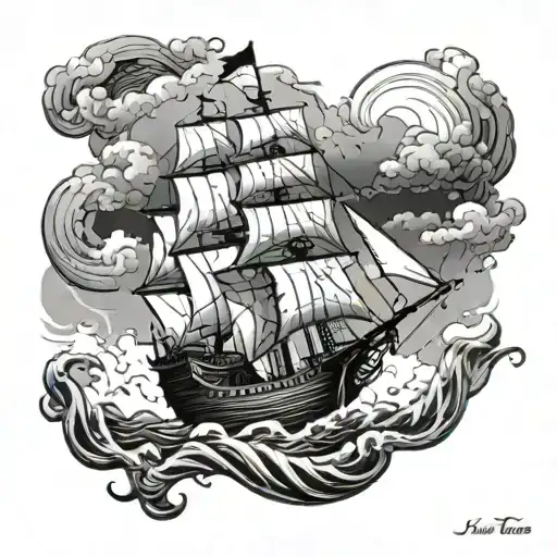 A Pirate Ship Navigating Through Stormy Seas
