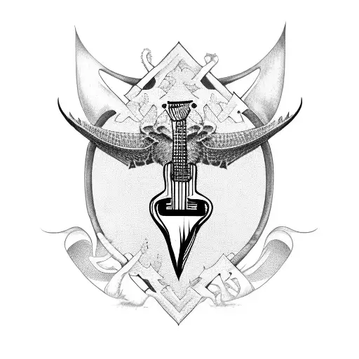 A Guitar Shaped Like An Axe Stuck On A Dragon's Skull