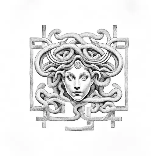 Medusa Over A Greek Meander Pattern