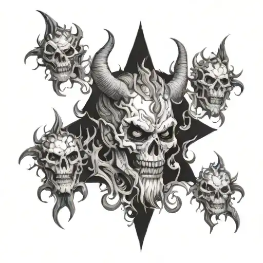 A Detailed Portrait Of Satan Surrounded By Flames And Skulls