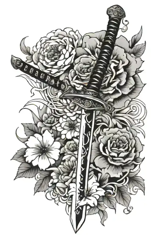 Japanese Sword And Flowers