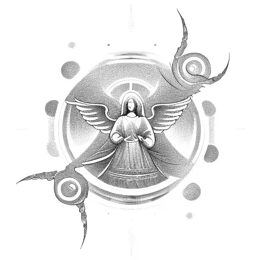 A Heavenly Angel Surrounded By A Swirling Flourish Pattern In Blackwork Style
