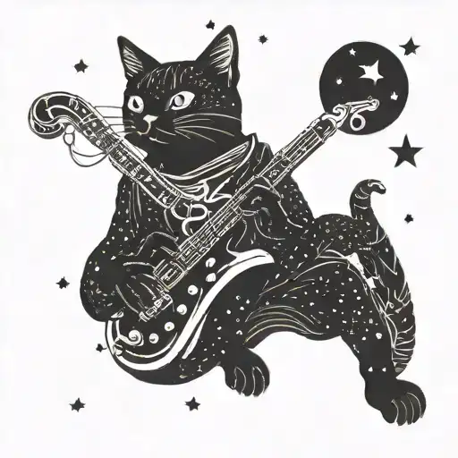 A Sleek Black Cat Playing A Saxophone Under A Starry Night Sky