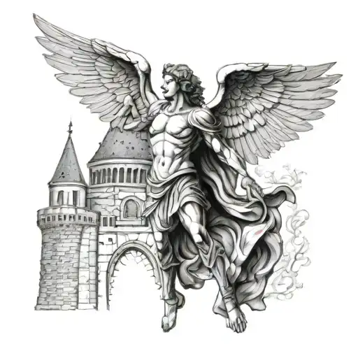 Archangel Against The Background Of The Castle