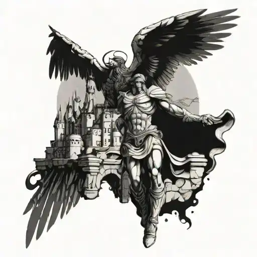 Archangel Against The Background Of The Castle