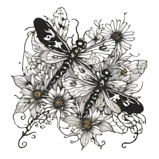 Dragonflies Surrounding Dandelion And Quilting Design In Wings