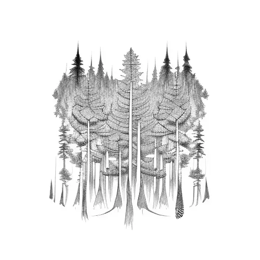 A Blackwork Tattoo Of A Majestic Forest With Hidden Musical Instruments Within The Trees