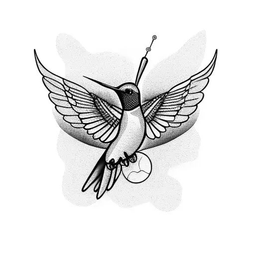 A Blackwork Tattoo Of A Hummingbird With Musical Notes As Its Trail