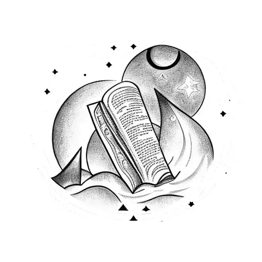 A Blackwork Tattoo Of A Book With Moon And Stars As Pages