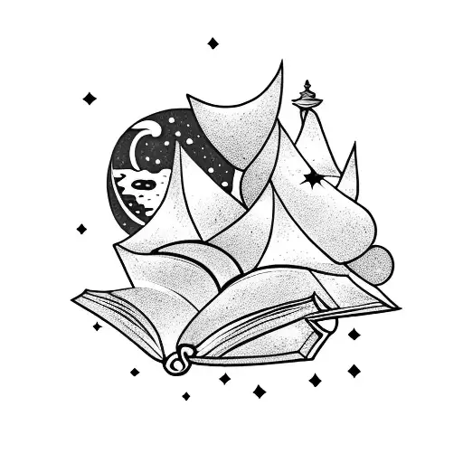 A Blackwork Tattoo Of A Book With Moon And Stars As Pages