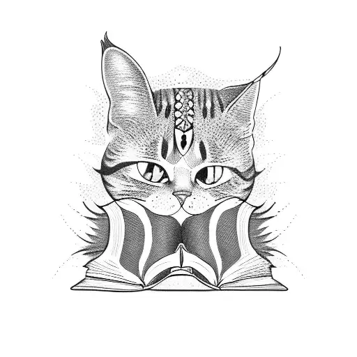 A Dotwork Tattoo Of A Cat Reading A Harry Potter Book