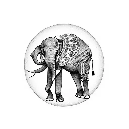 A Blackwork Tattoo Of An Elephant Adorned With Moon And Stars